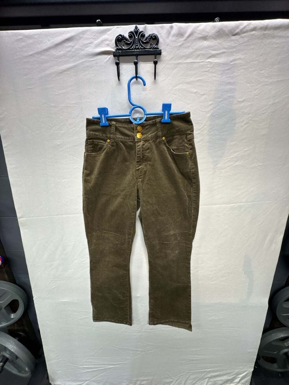 Cabi Jeans Hi-Low Crop Olive Green Corduroy Pants